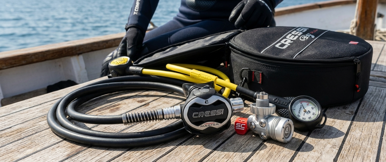 Regulātora komplekts Cressi T10Sc Cromo + Master Regulator + Compact Pro Octopus + Standard Inflation Hose + Mini Spg Vale 300 C Console +360 Regulator Bag