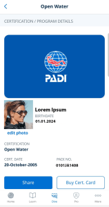 PADI APP-Zertifikat geöffnet